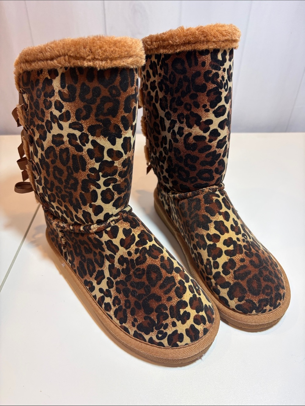Link Girls Leopard Print Faux Fur Bow Boots Size 3 Y2K